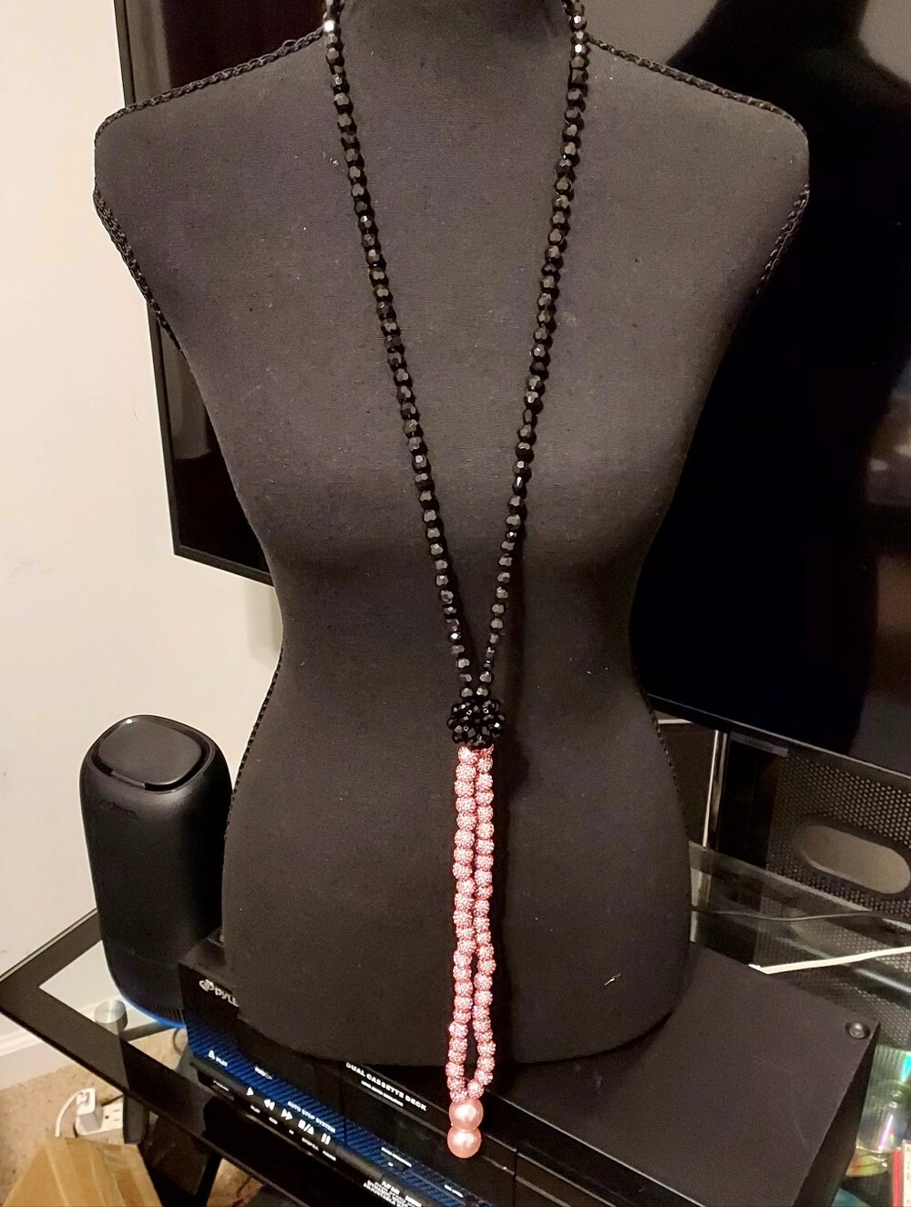 Elegant Handmade Long Black and Pink Beaded Tassel Necklace